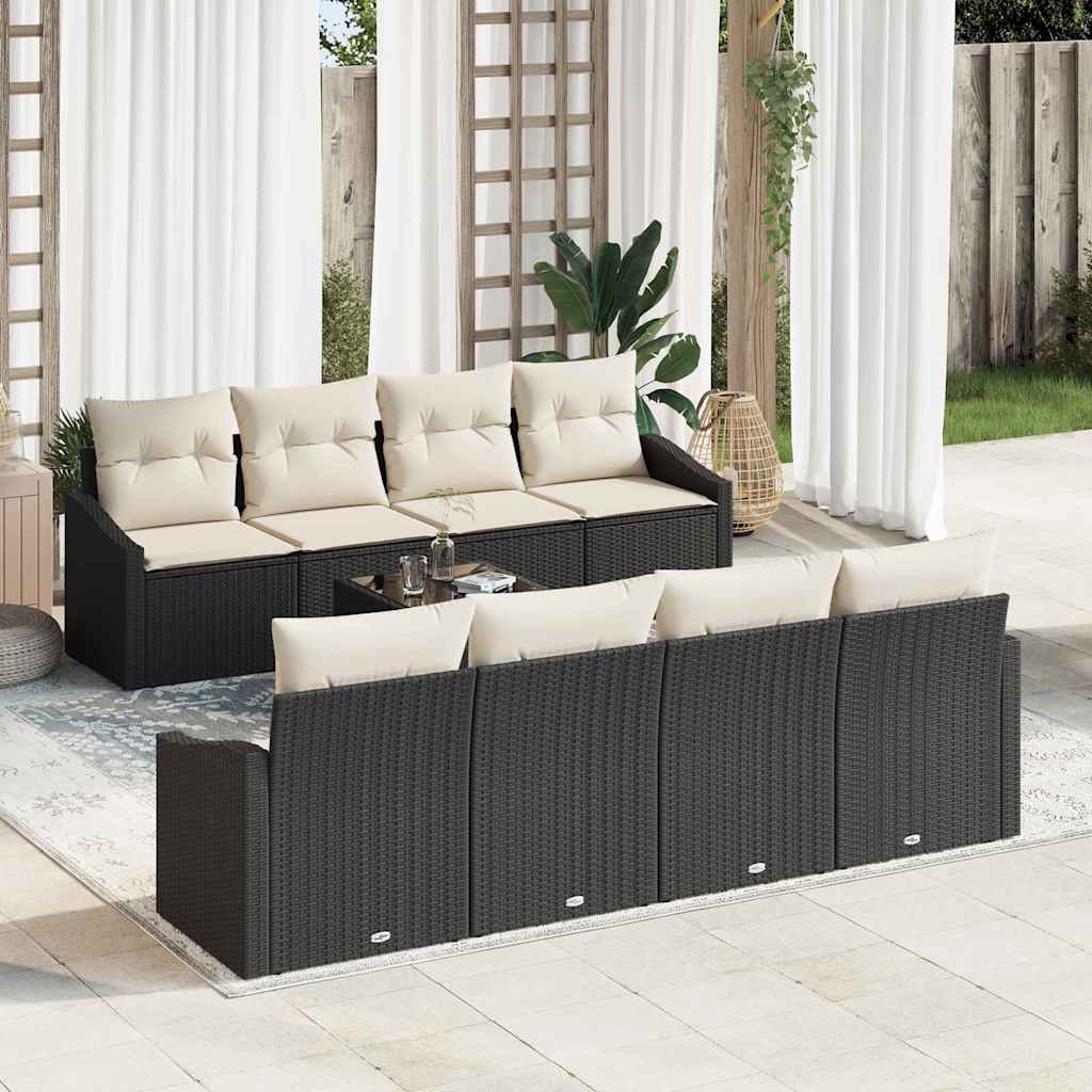 Sofa Set mit Kissen 9 pcs Schwarz und Creme Poly Rattan