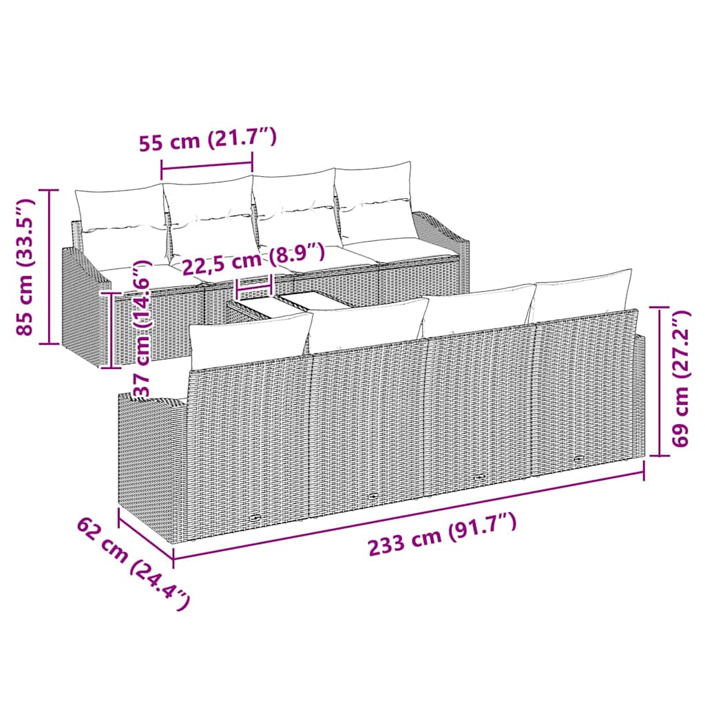 Sofa Set mit Kissen 9 pcs Braun und Creme Poly Rattan
