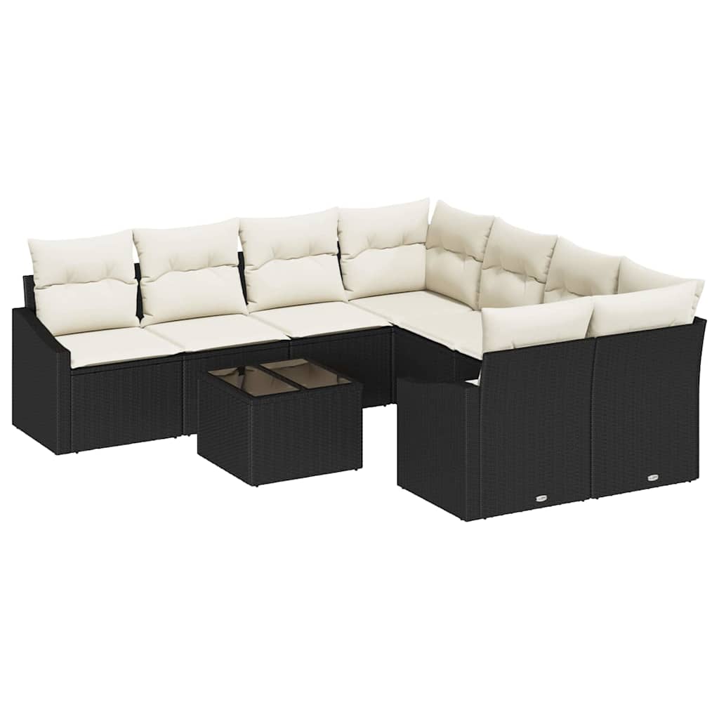 Sofa Set mit Kissen 9 pcs Schwarz und Creme Poly-Rattan