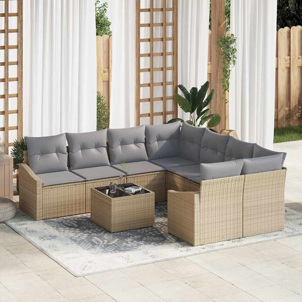 Sofa Set mit Kissen 9 pcs Beige und Hellgrau Poly-Rattan