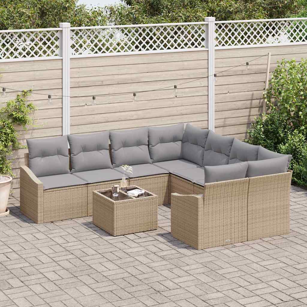 Sofa Set mit Kissen 9 pcs Beige und Hellgrau Poly-Rattan
