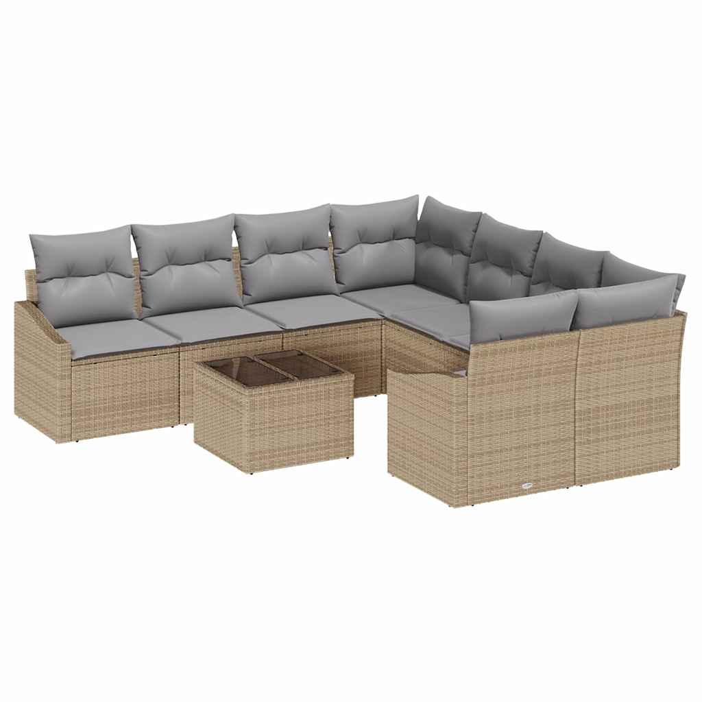 Sofa Set mit Kissen 9 pcs Beige und Hellgrau Poly-Rattan