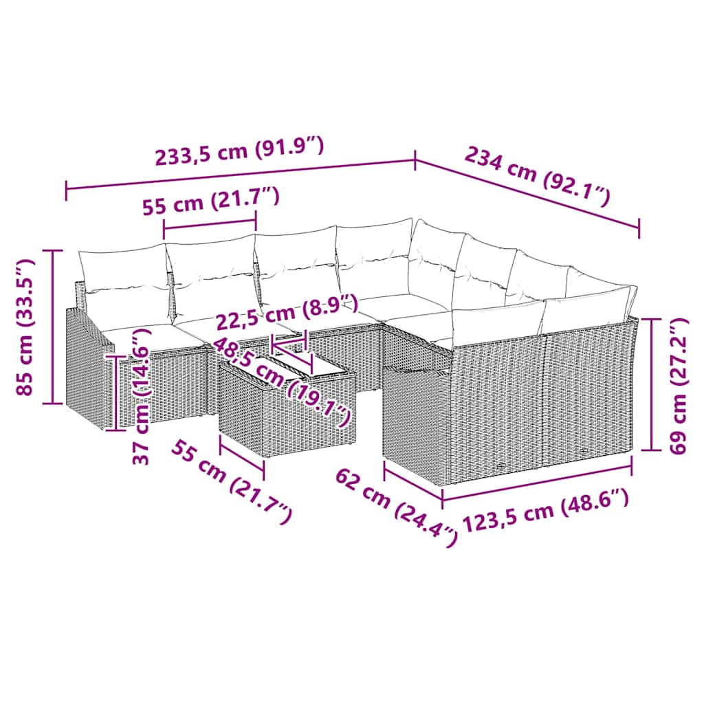 Sofa Set mit Kissen mit Kissen 9 pcs Hellgrau Poly Rattan