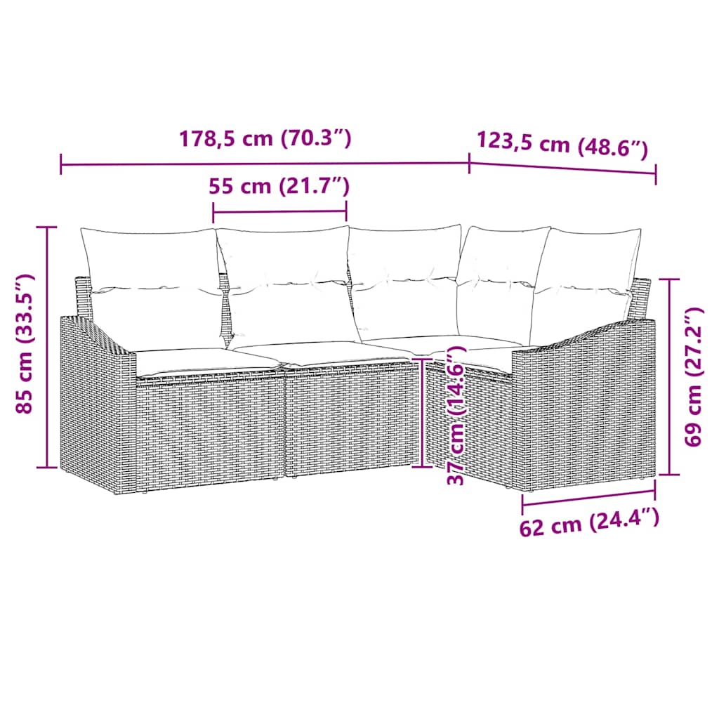 Sofa Set mit Kissen 4 pcs Schwarz Poly-Rattan