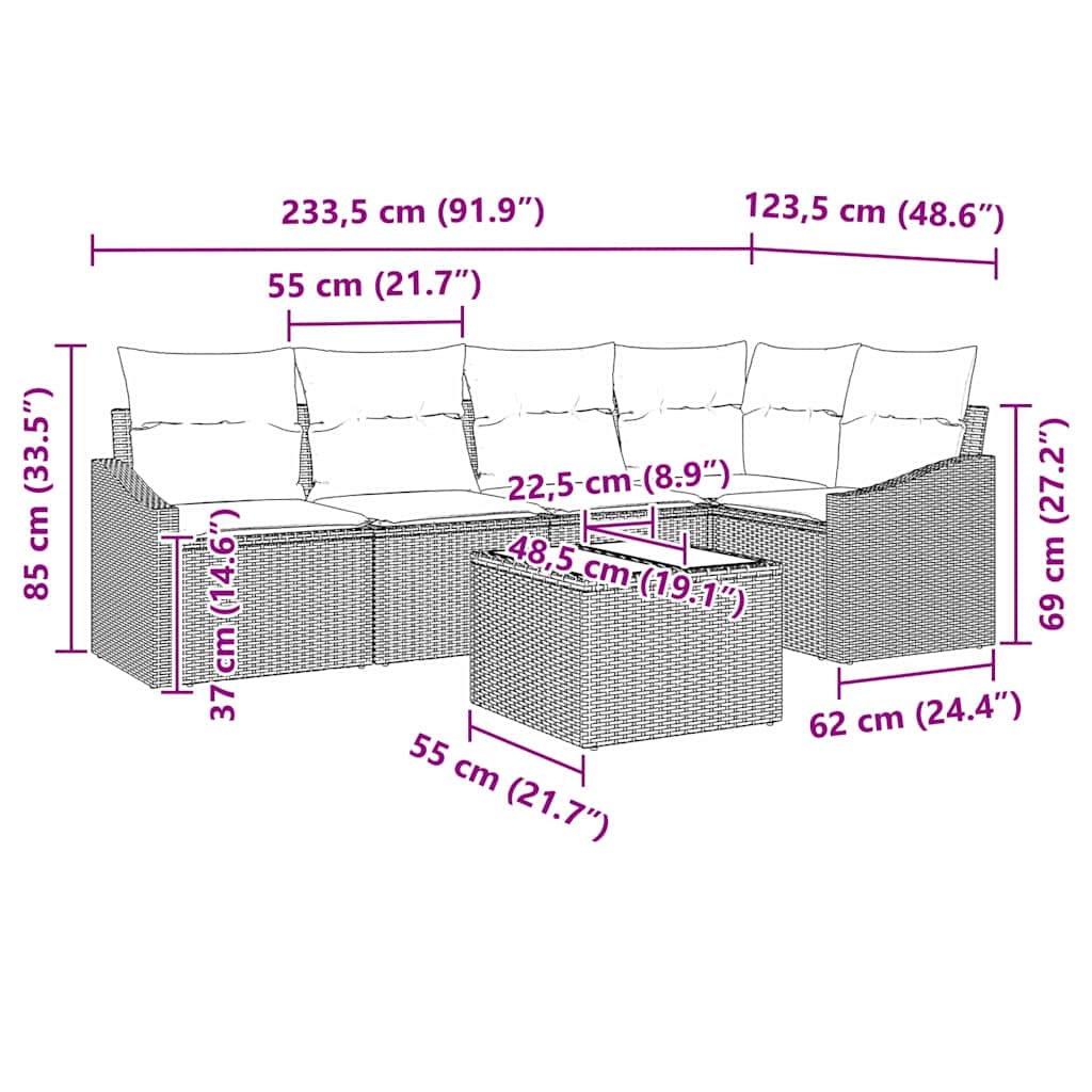 Sofa Set mit Kissen 6 pcs Schwarz Poly-Rattan
