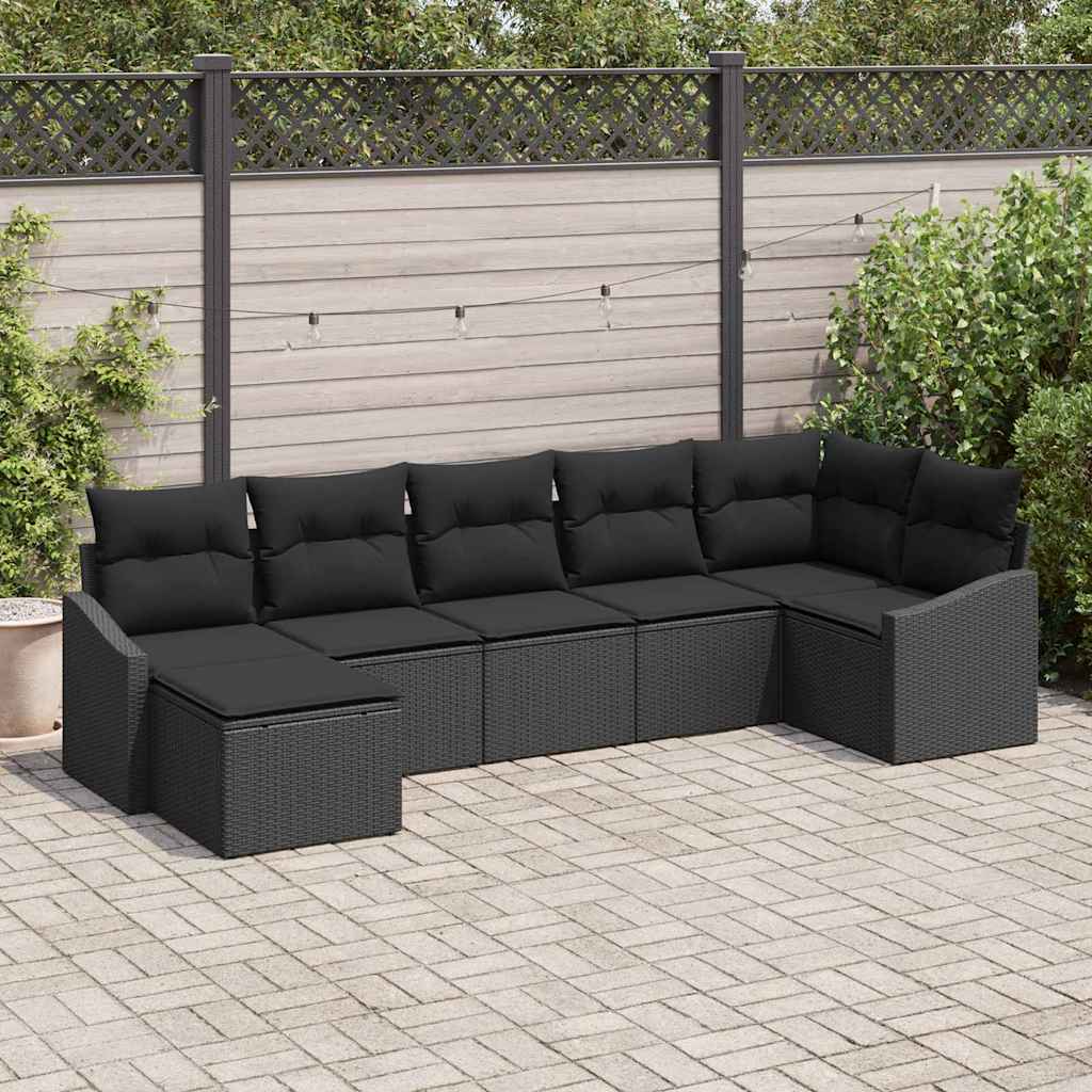 Sofa Set mit Kissen 7 pcs Schwarz Poly Rattan