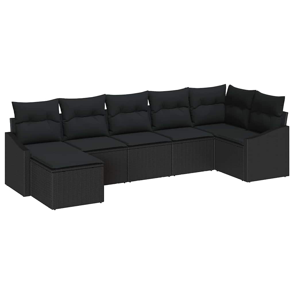 Sofa Set mit Kissen 7 pcs Schwarz Poly Rattan