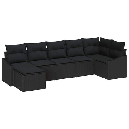 Sofa Set mit Kissen 7 pcs Schwarz Poly Rattan