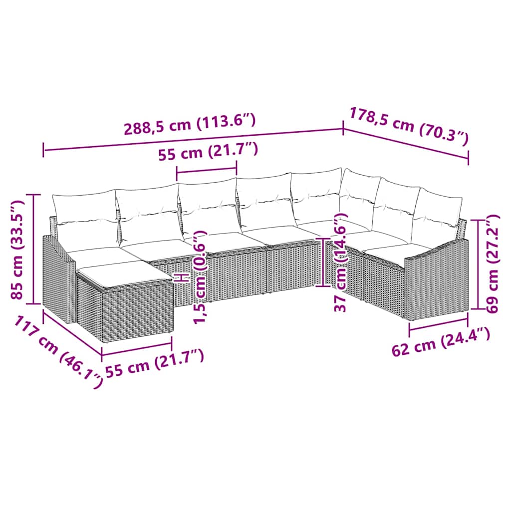 Sofa Set mit Kissen 8 pcs Hellgrau Poly-Rattan