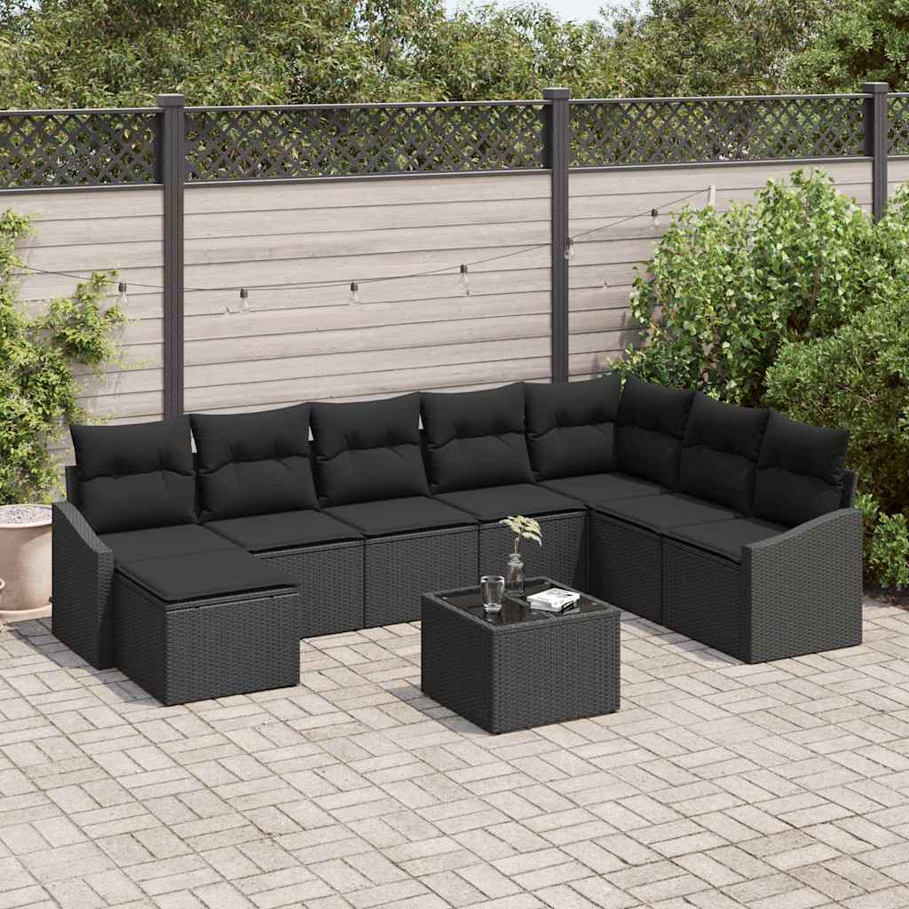 Sofa Set mit Kissen 9 pcs Schwarz Poly-Rattan