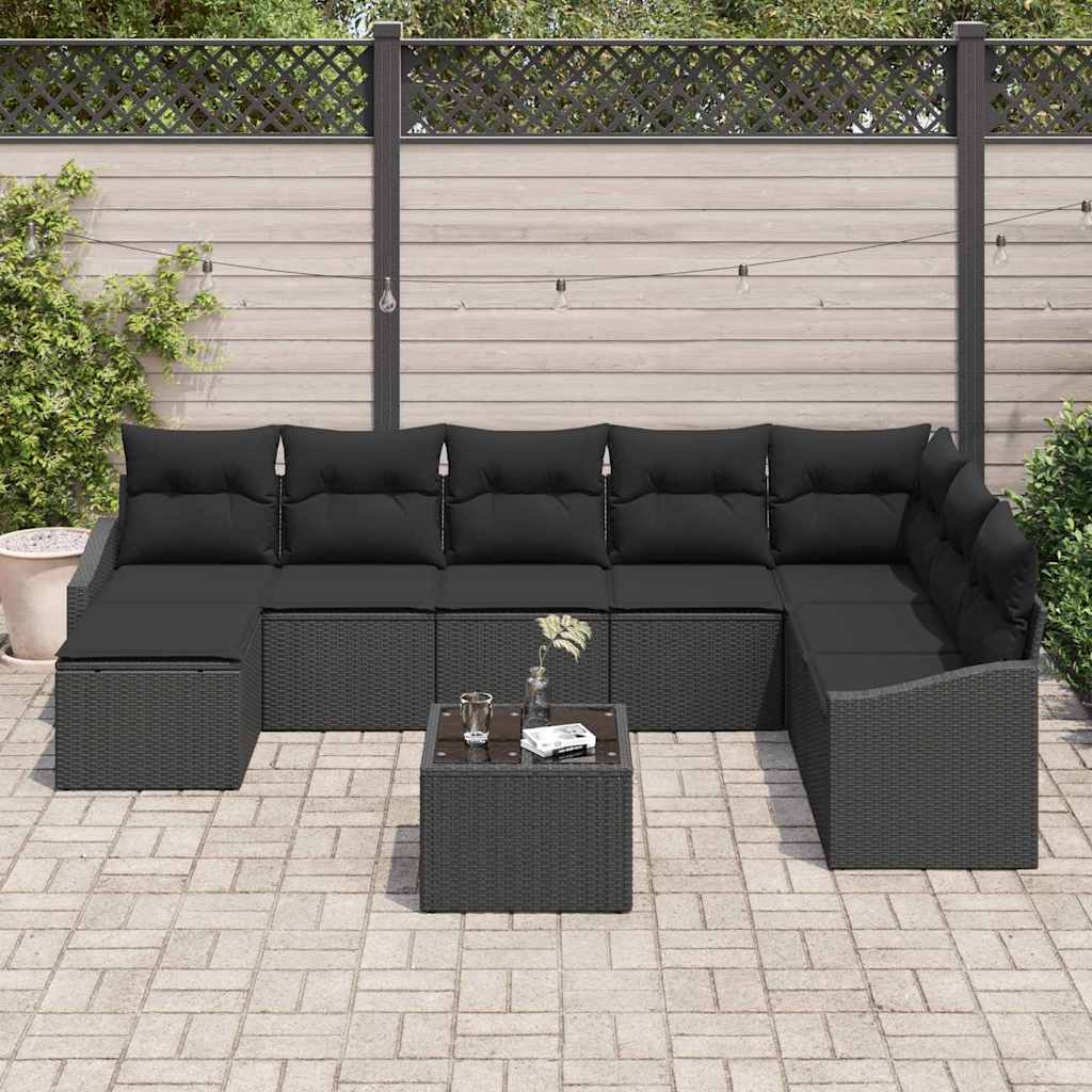 Sofa Set mit Kissen 9 pcs Schwarz Poly-Rattan