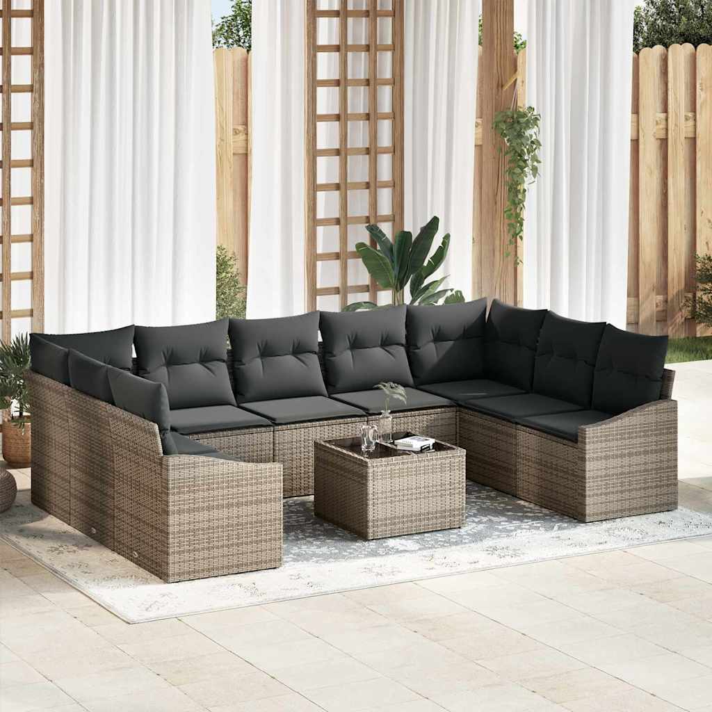 Sofa Set mit Kissen 10 pcs Grau Poly Rattan
