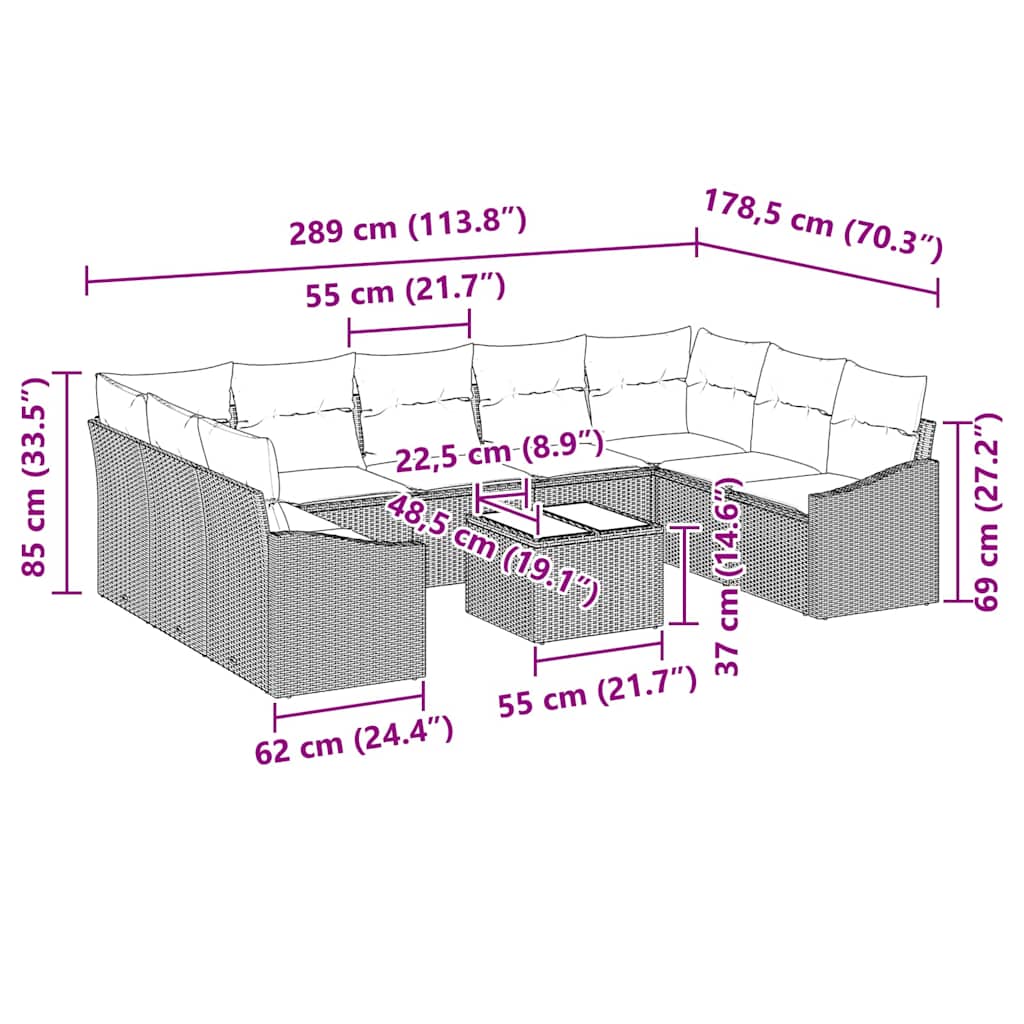 Sofa Set mit Kissen 10 pcs Grau Poly Rattan