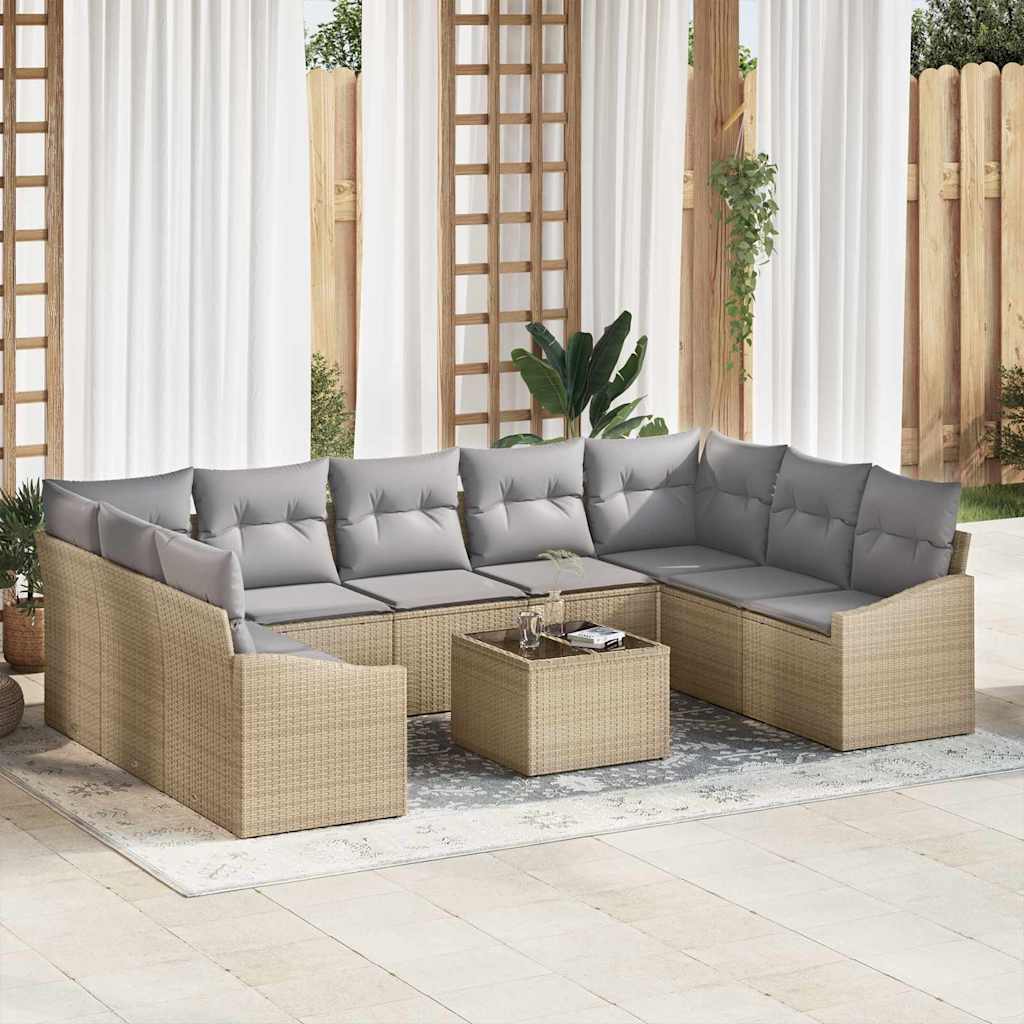 Sofa Set mit Kissen 10 pcs Beige Poly Rattan
