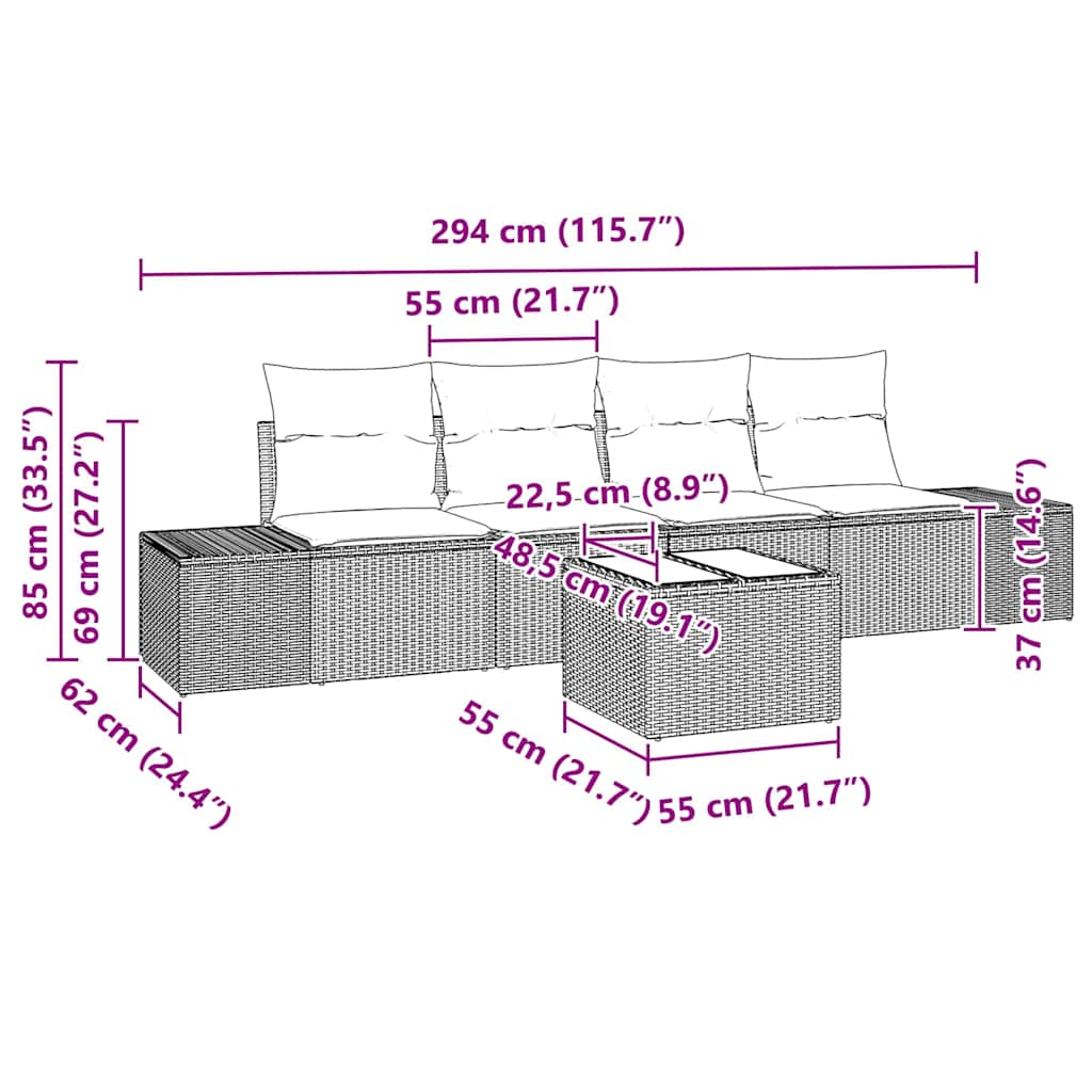 Sofa Set mit Kissen mit Kissen 5 pcs Grau Poly Rattan
