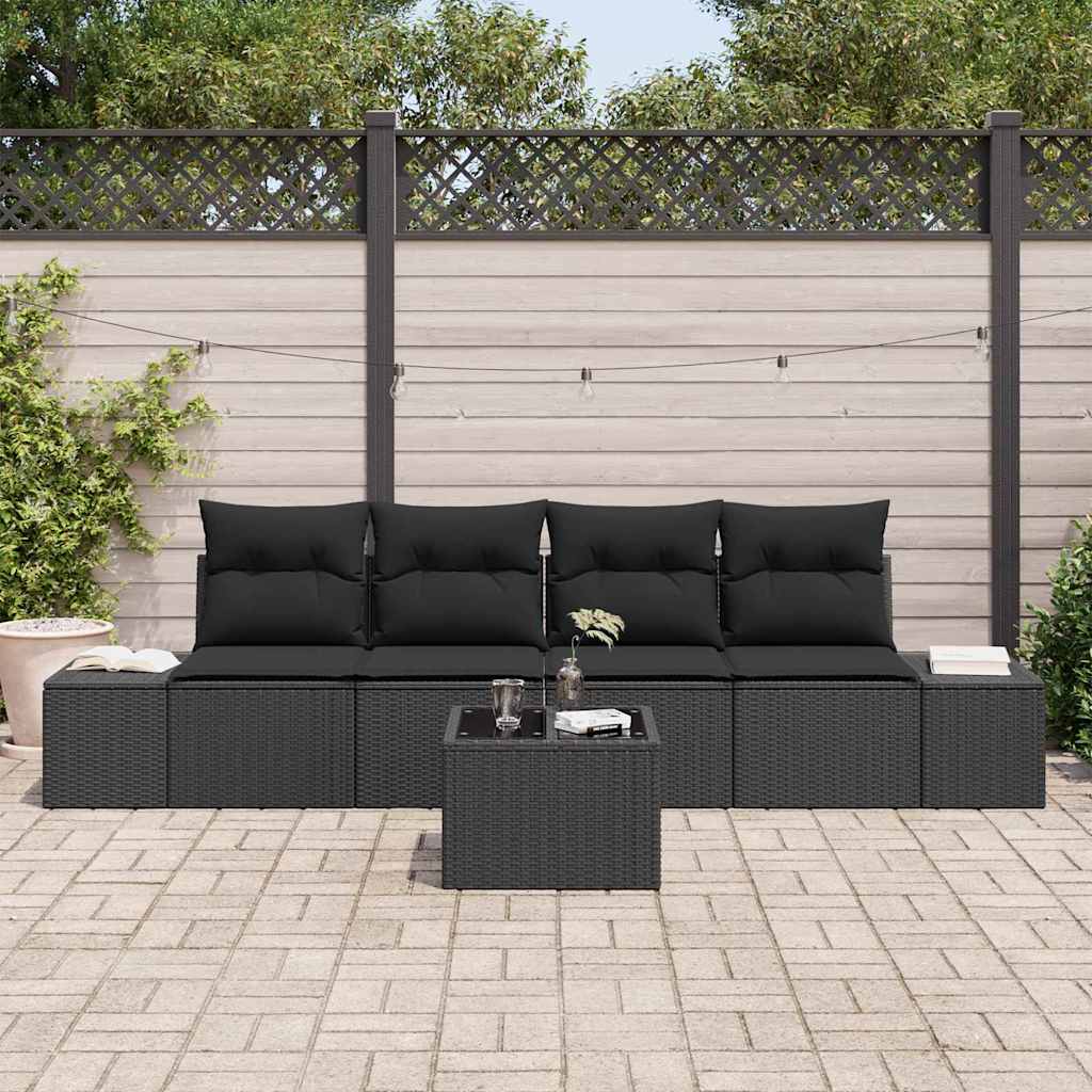 Sofa Set mit Kissen mit Kissen 5 pcs Schwarz Poly Rattan