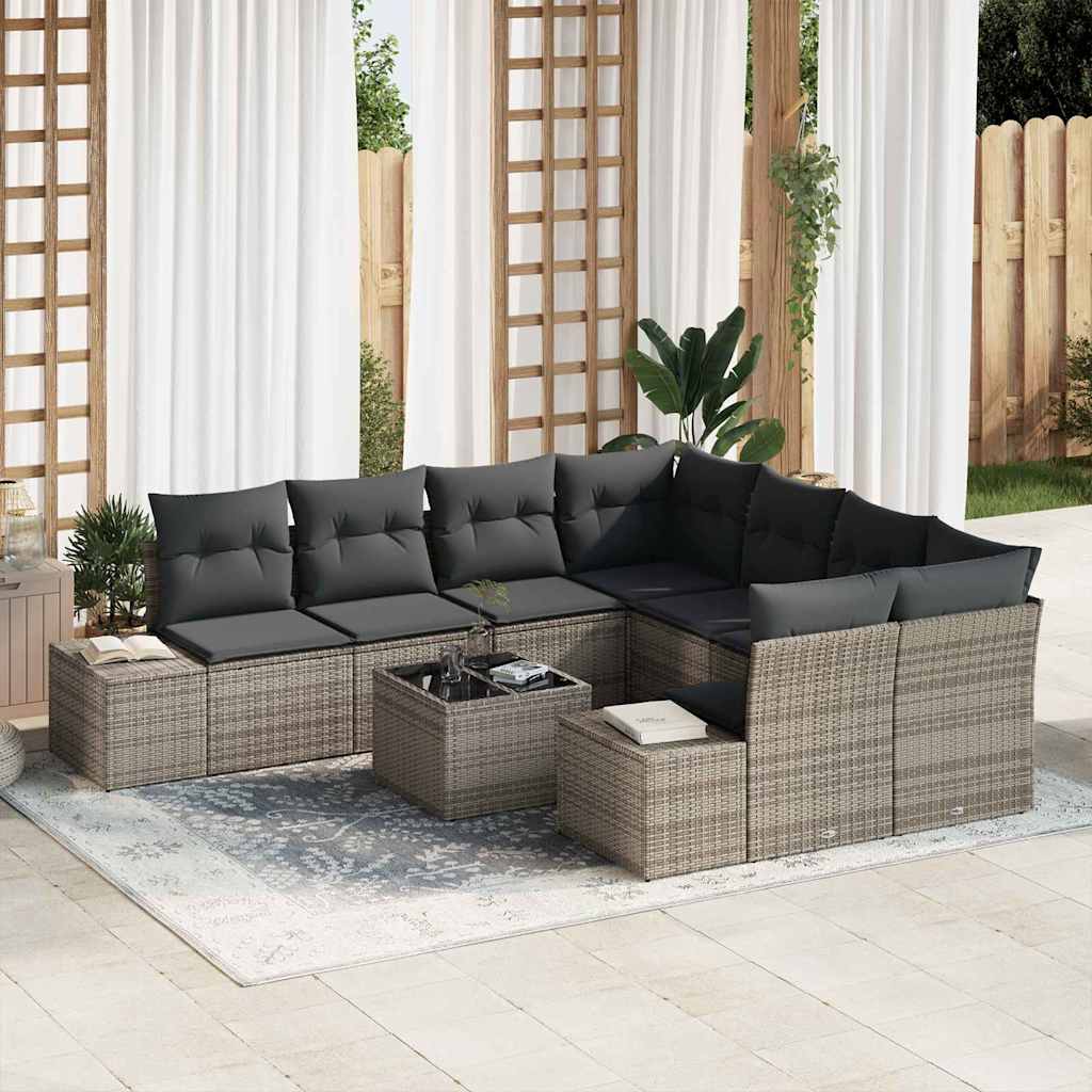 Sofa Set mit Kissen 9 pcs Grau Poly Rattan