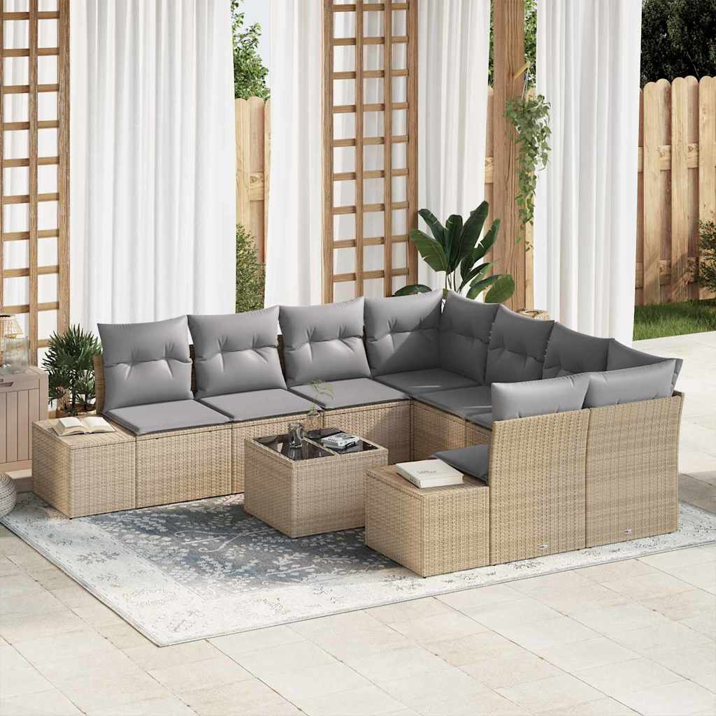 Sofa Set mit Kissen 9 pcs Beige Poly Rattan