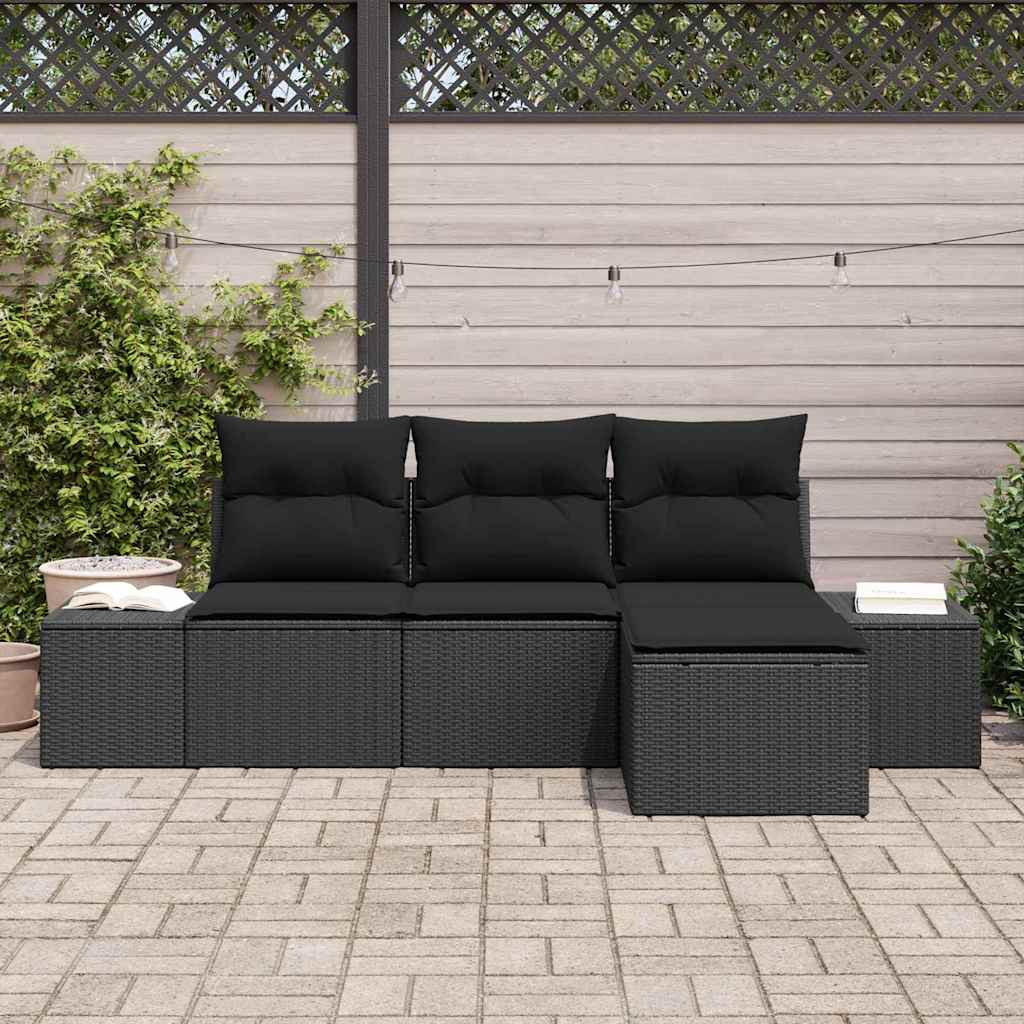 Sofa Set mit Kissen 4 pcs Schwarz Poly Rattan