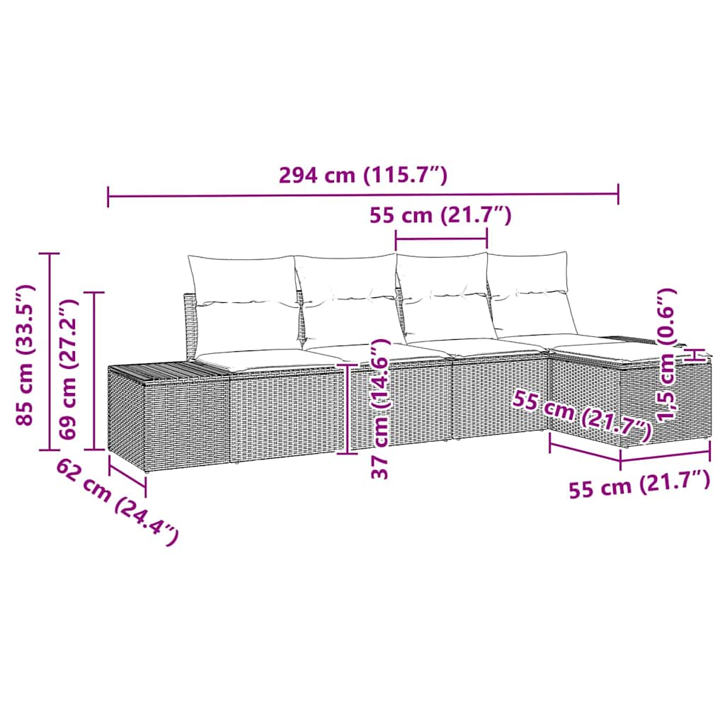 Sofa Set mit Kissen 5 pcs Braun Poly Rattan