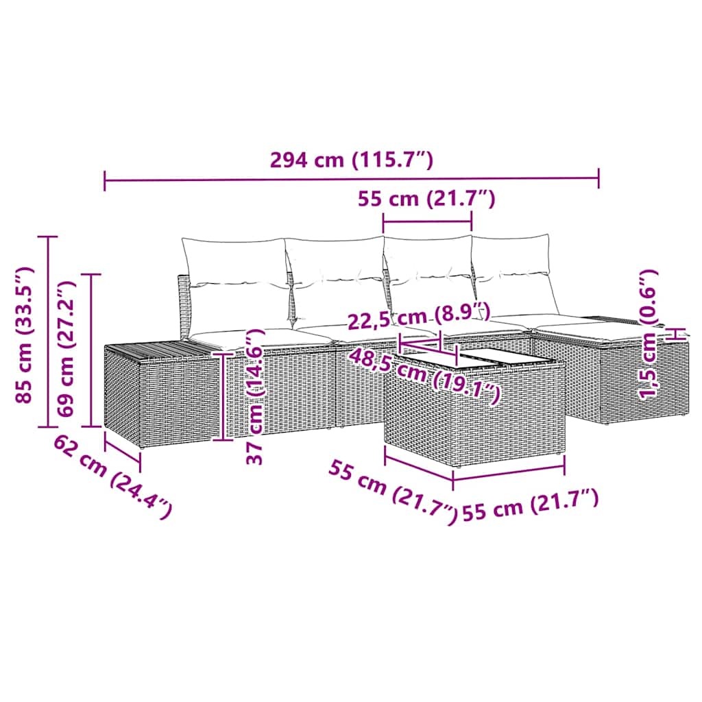 Sofa Set mit Kissen 6 pcs Hellgrau Poly Rattan