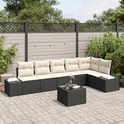 Gartensofa-set mit Kissen 7 pcs Schwarz und Creme Poly-Rattan