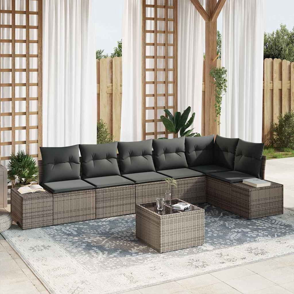 Gartensofa-set mit Kissen 7 pcs Grau Poly-Rattan
