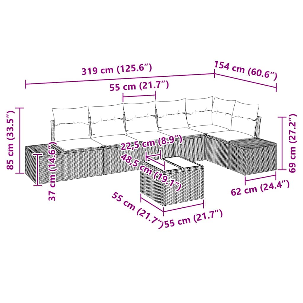 Gartensofa-set mit Kissen 7 pcs Grau Poly-Rattan