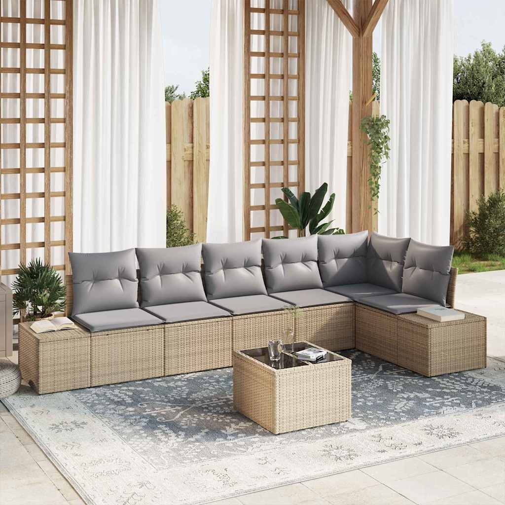 Gartensofa-set mit Kissen 7 pcs Beige und Grau Poly-Rattan