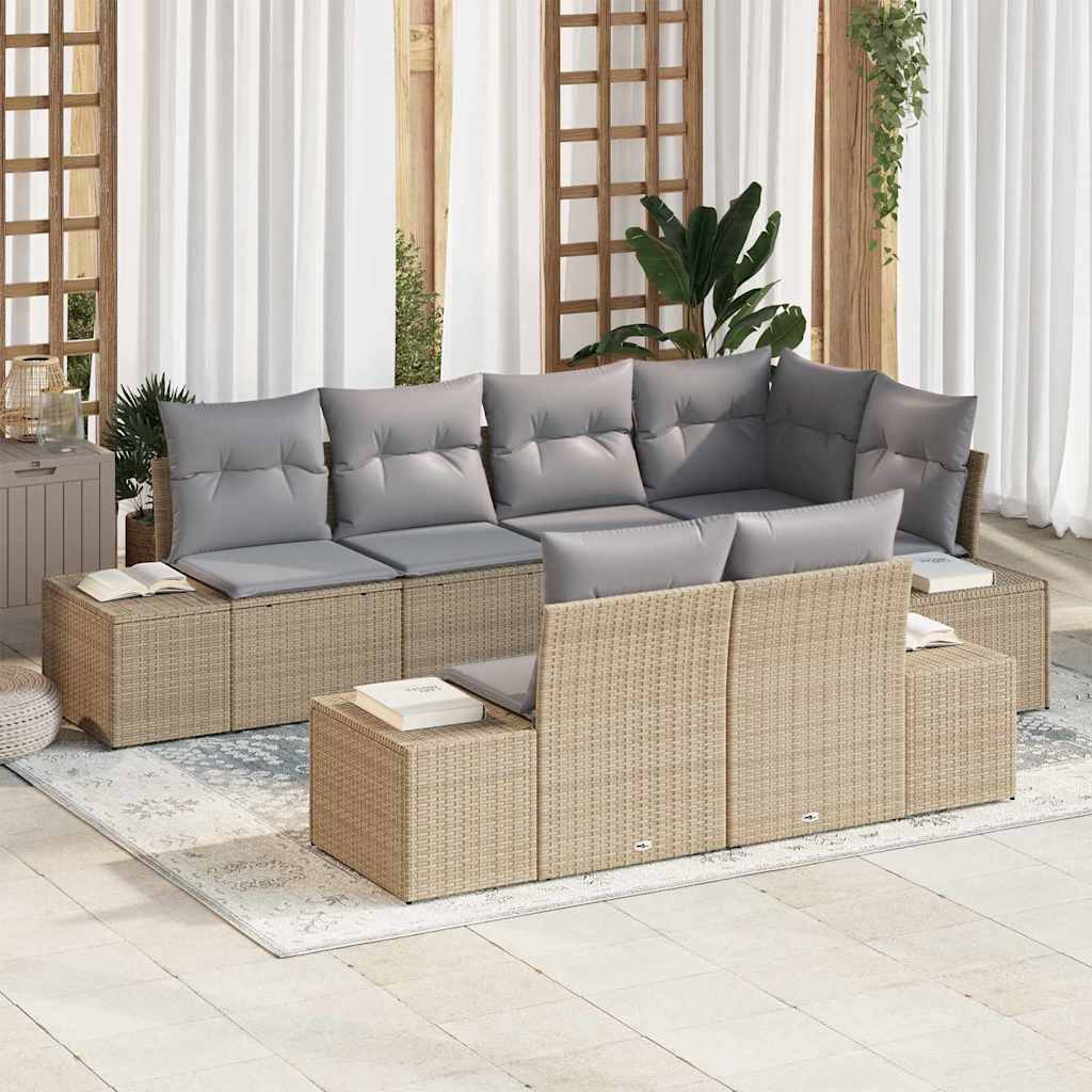 Gartensofa-set mit Kissen 7 pcs Beige und Grau Poly-Rattan
