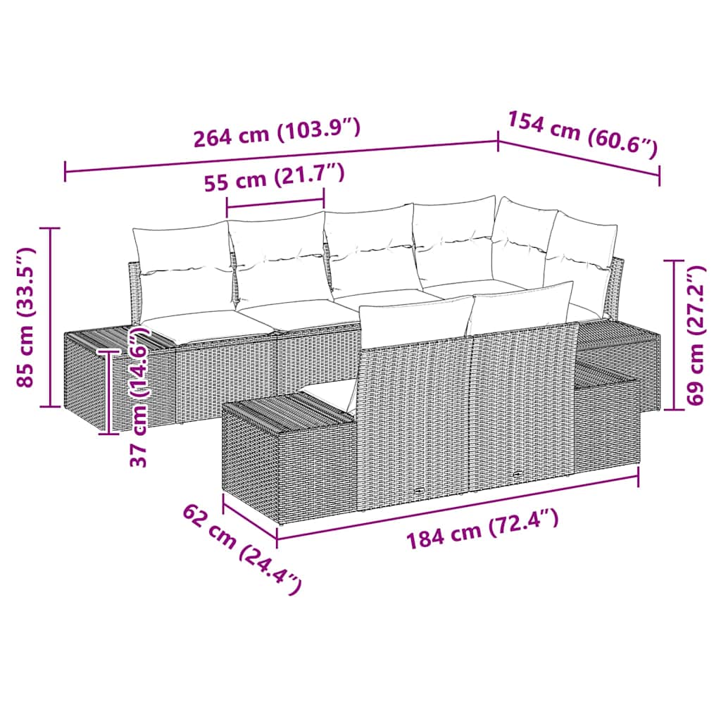 Gartensofa-set mit Kissen 7 pcs Schwarz Poly-Rattan