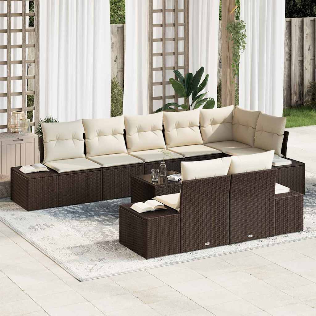 Gartensofa-set mit Kissen 9 pcs Braun und Creme Poly-Rattan