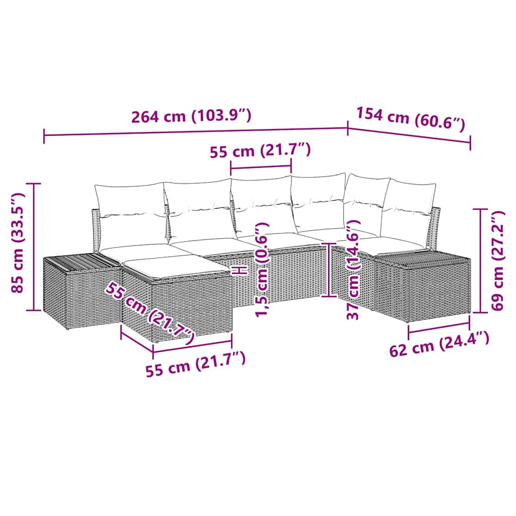 Gartensofa-set mit Kissen 6 pcs Braun und Creme Poly-Rattan
