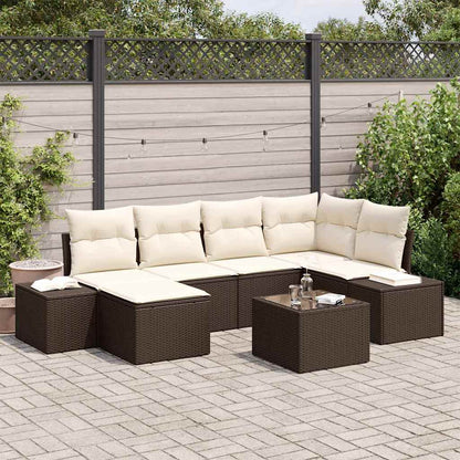 Gartensofa-set mit Kissen 7 pcs Braun und Creme Poly-Rattan