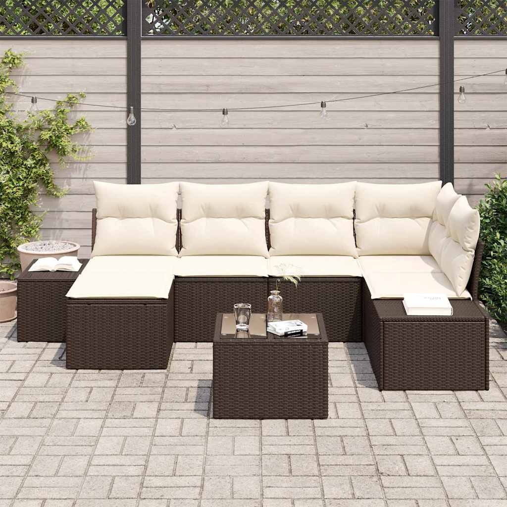 Gartensofa-set mit Kissen 7 pcs Braun und Creme Poly-Rattan