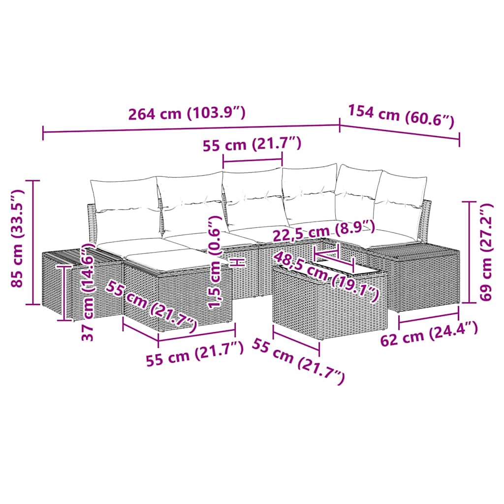 Gartensofa-set mit Kissen 7 pcs Braun und Creme Poly-Rattan