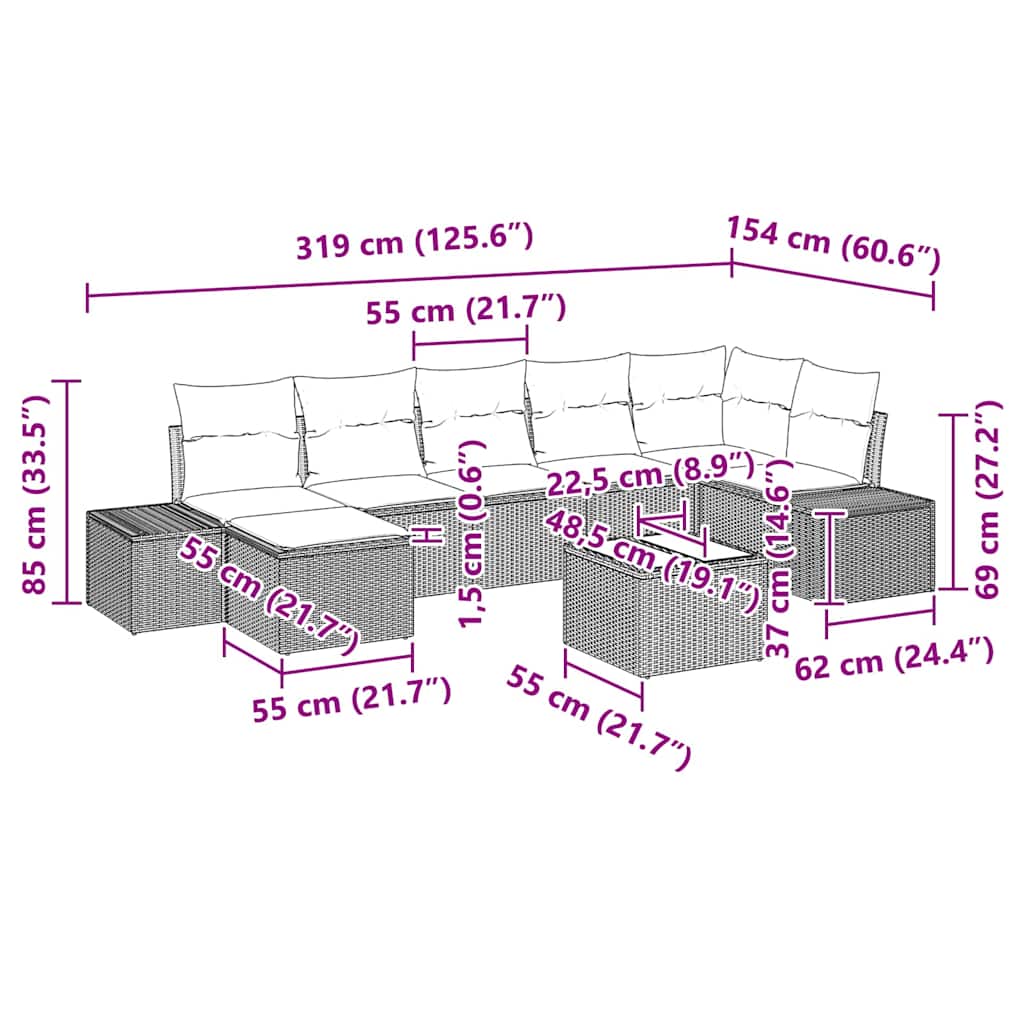 Gartensofa-set mit Kissen 8 pcs Hellgrau Poly-Rattan