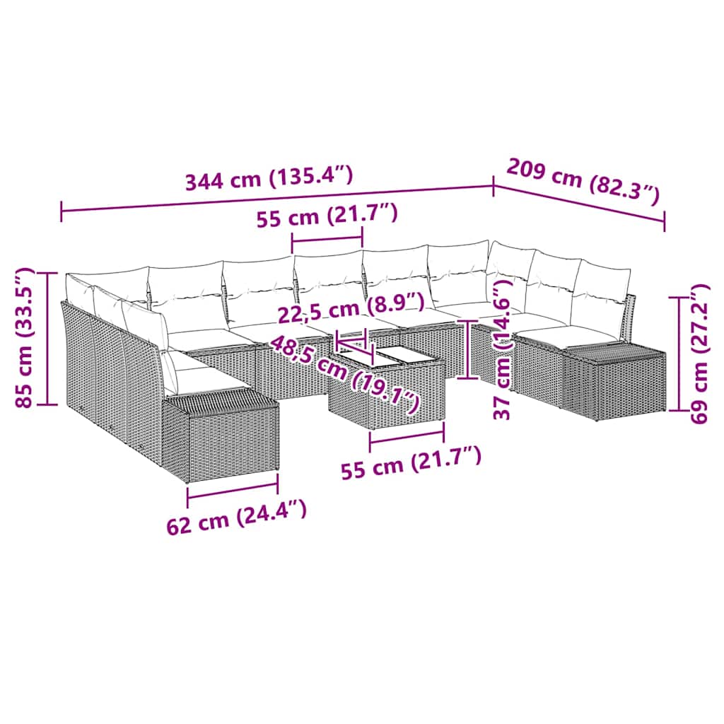 Gartensofa-set mit Kissen 11 pcs Braun Poly-Rattan