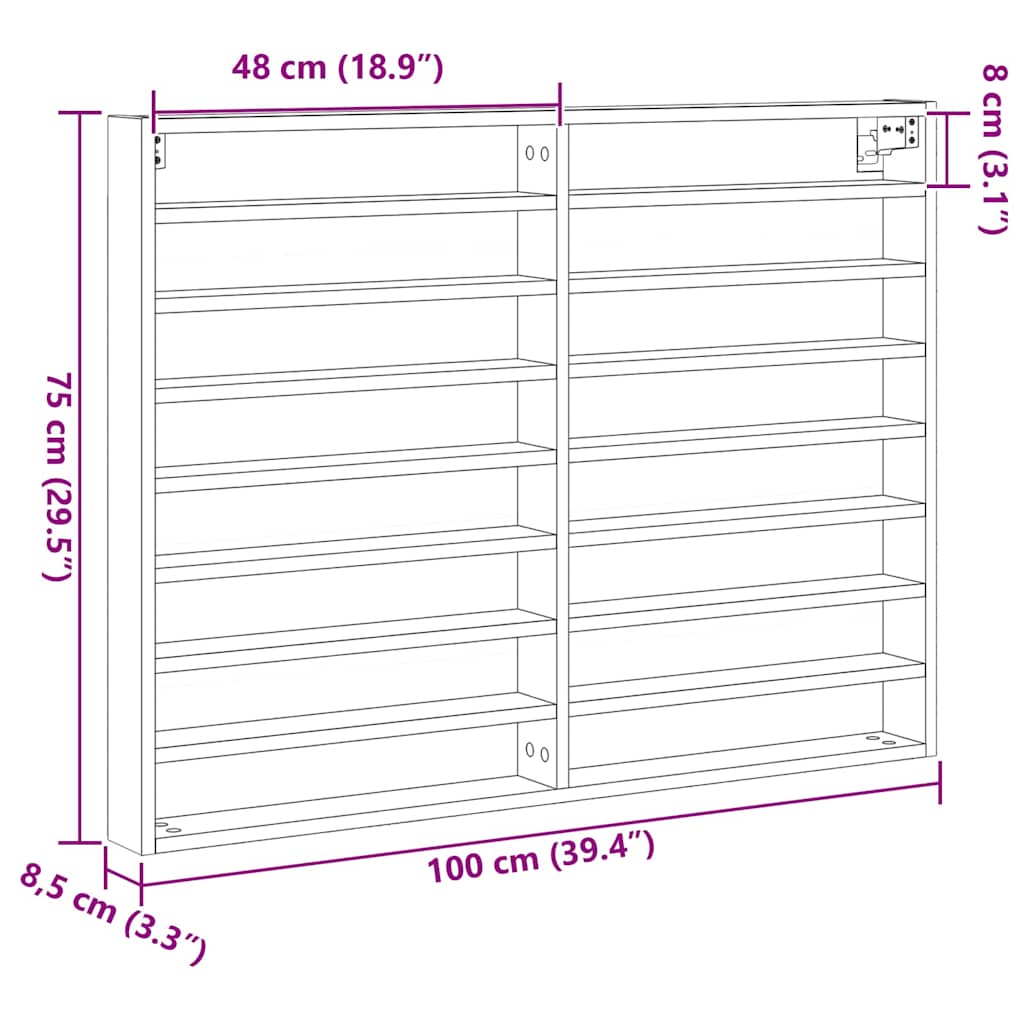vidaXL Vitrine mit Regal Artisan-Eiche 100 x 8,5 x 75 cm Holzwerkstoff