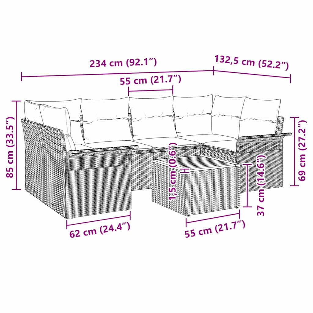 Gartensofa-set mit Kissen 7 pcs Schwarz Poly-Rattan
