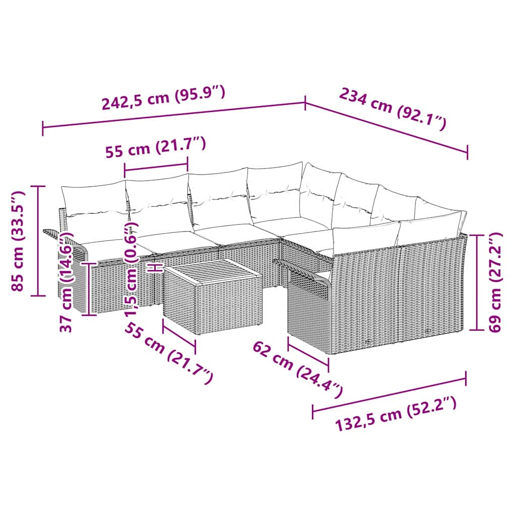 Gartensofa-set mit Kissen 9 pcs Beige Poly-Rattan