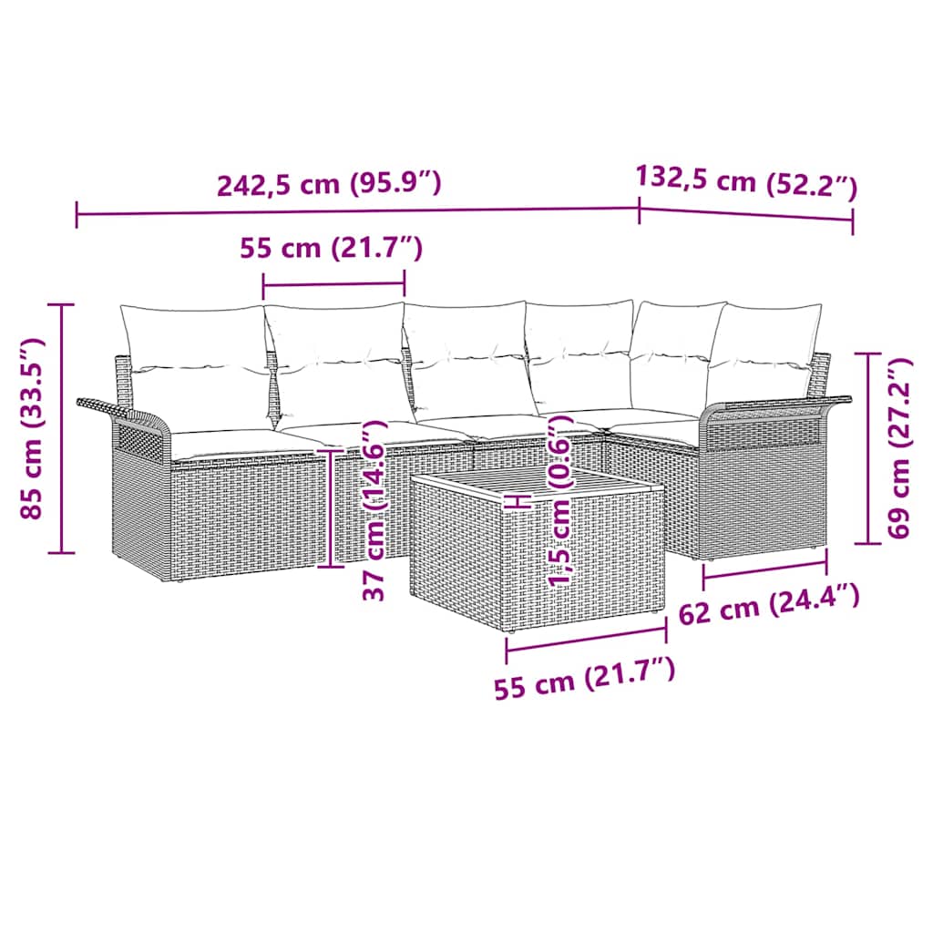 Gartensofa-set mit Kissen 6 pcs Schwarz Poly-Rattan