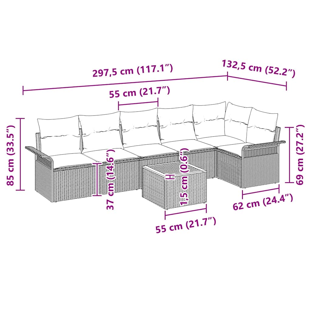 Gartensofa-set mit Kissen 7 pcs Beige Poly-Rattan