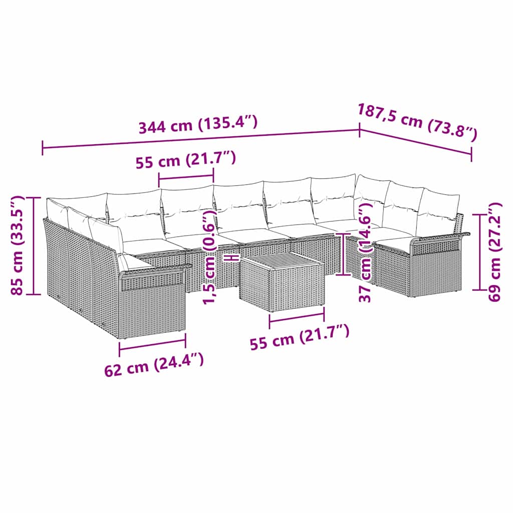 Gartensofa-set mit Kissen 11 pcs Schwarz Poly-Rattan