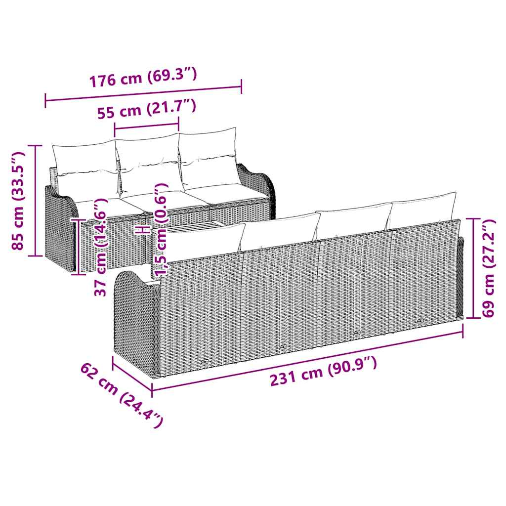 Gartensofa-set mit Kissen 8 pcs Schwarz Poly-Rattan