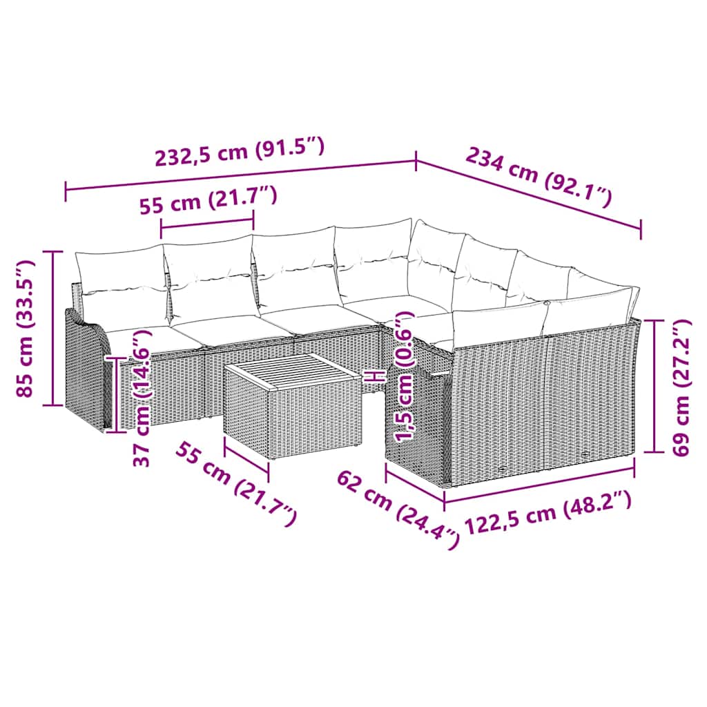 vidaXL Gartensofa-set mit Kissen 9 pcs Schwarz Poly-Rattan