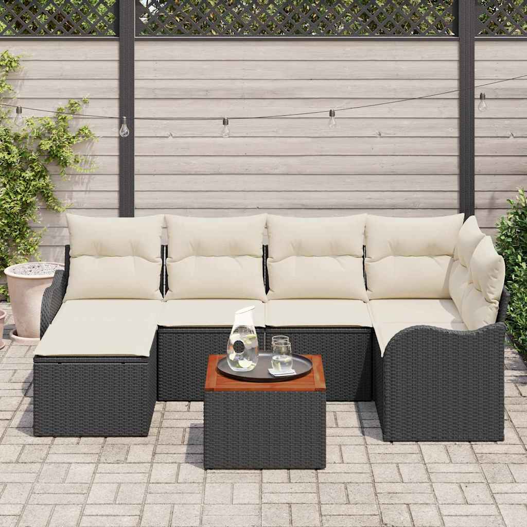 Gartensofa-set mit Kissen 7 pcs Schwarz Poly-Rattan