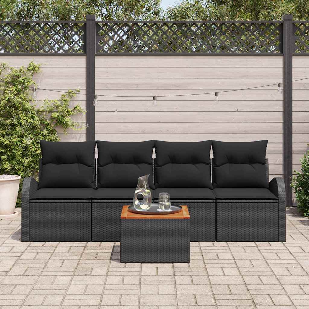 Gartensofa-set mit Kissen 5 pcs Schwarz Poly-Rattan