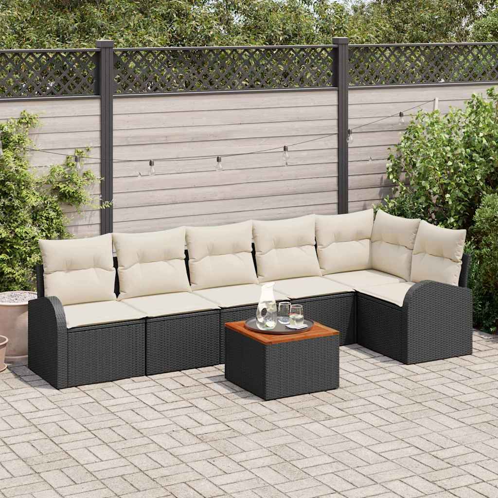 Gartensofa-set mit Kissen 7 pcs Schwarz Poly-Rattan