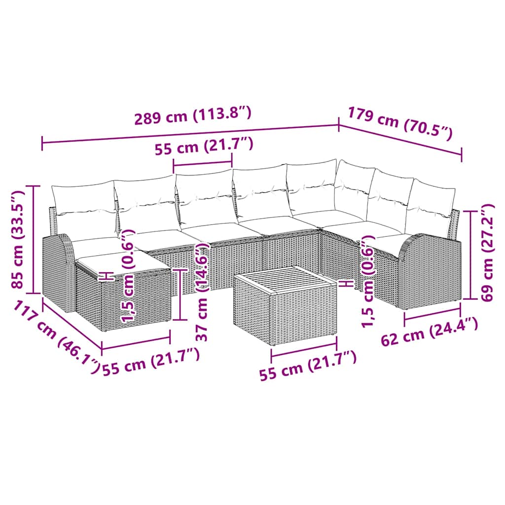 Gartensofa-set mit Kissen 9 pcs Schwarz Poly-Rattan